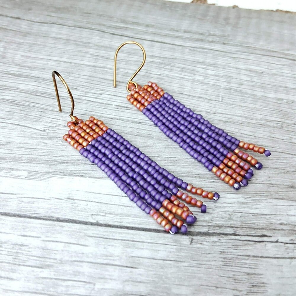 BOGO EARRINGS Purple and brown beaded fringe dangle earrings, 2.25"